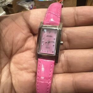 Working ANNEX‎ 19mm MOP Rectangle Pink Leather Quartz Women's Watch New Battery